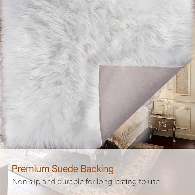 LOCHAS Soft Fluffy Faux Fur Rugs for Bedroom Bedside Rug 4x6 Feet, Washable, Furry Sheepskin Area Rug for Living Room Girls Room, Luxury Shag Carpet Home Decor, White
