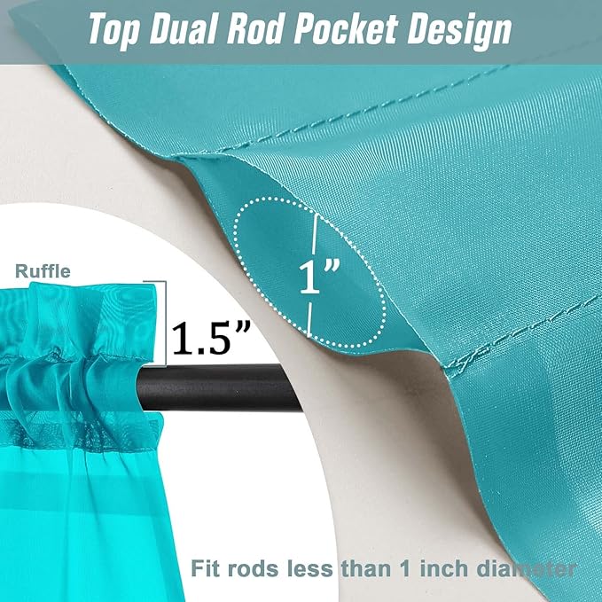 Turquoise Sheer Curtains Tier 30 Inches Length 2 Panels, Light Filtering Lightweight Soft Window Treatments Drapes, Cute Elegant Cafe Curtains for Nursery, Dual Rod Pocket, 2x42Wx30L Inches