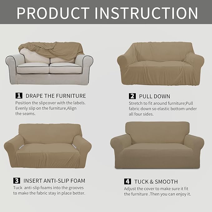 Easy-Going Stretch Loveseat Slipcover 1-Piece Sofa Cover Furniture Protector Couch Soft with Elastic Bottom for Kids Polyester Spandex Jacquard Fabric Small Checks (Loveseat, Tan)