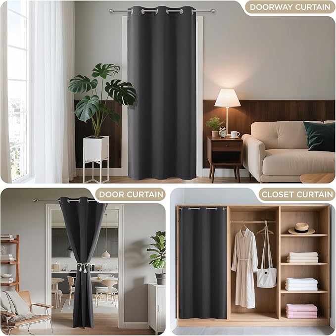 Joydeco Blackout Door Curtain for Doorway Privacy 80 Inches Long, Grommet Closet Curtain for Open Closet, Room Divider for Bedroom Living Room (Grey, 32Wx80L, 1 Panel)