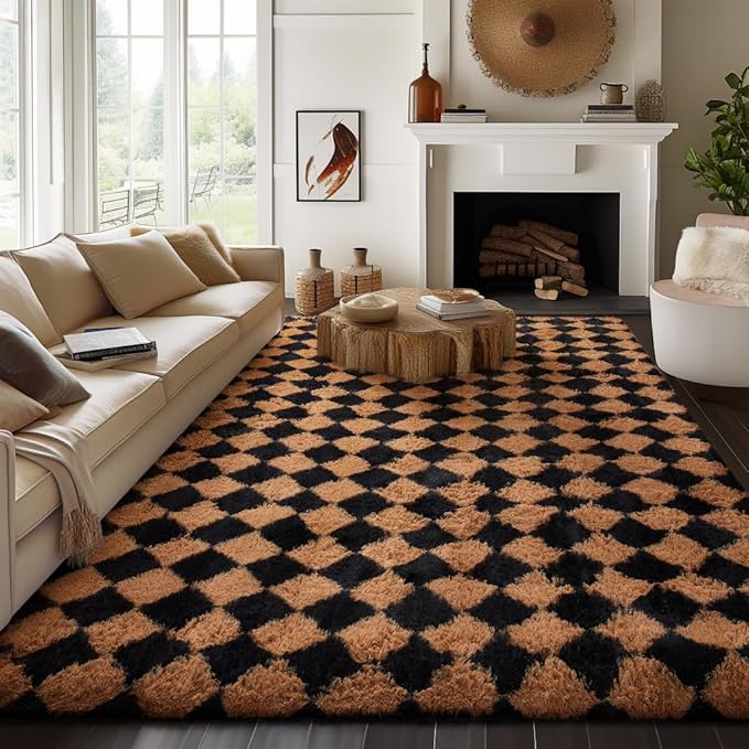 Ophanie Checkered Black & Beige Rhombus Rugs for Living Room Bedroom, Fluffy Soft Fuzzy Area Rugs, Plush Shaggy Bedside Floor 8x10 Furry Carpet for Kids Baby Teen Dorm Nursery Home Decor Aesthetic