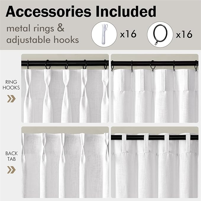 MIULEE Pinch Pleated White Thick Linen Curtains 102 Inches Long 2 Panels, Linen Texture Drapes for Living Room Bedroom, Pinch Pleat Memory Trained Back Tab Light Filtering Window Curtains with Hooks