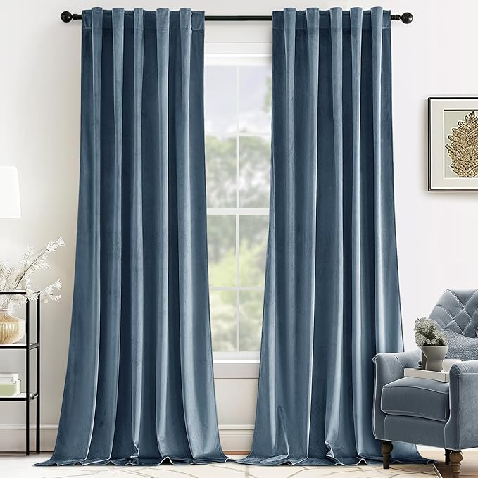 MIULEE Velvet Curtains 108 inches - Luxury Blackout Curtains for Bedroom Living Room Thermal Insulated Super Soft Window Drapes Rod Pocket & Back Tab, Stone Blue, W52 x L108 inches, 2 Panels