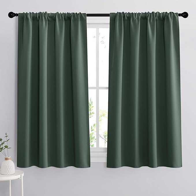 RYB HOME Blackout Curtains for Bedroom Living Room 63 inches Long, Thermal Insulated Privacy Rod Pocket Drapes for Nursery Office Home Theater, Width 34 by Length 63, Dark Green, 2 Panels