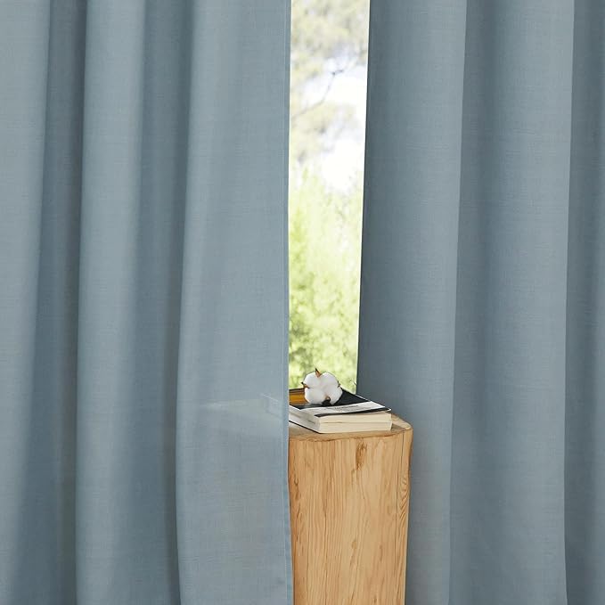 NICETOWN Linen Flax Semi Sheer Curtains 92" Length, Grommet Window Treatments Privacy Added with Light Penetration Vertical Drapes for Loft/Home Office, Stone Blue, W55 x L92, 2 Panels
