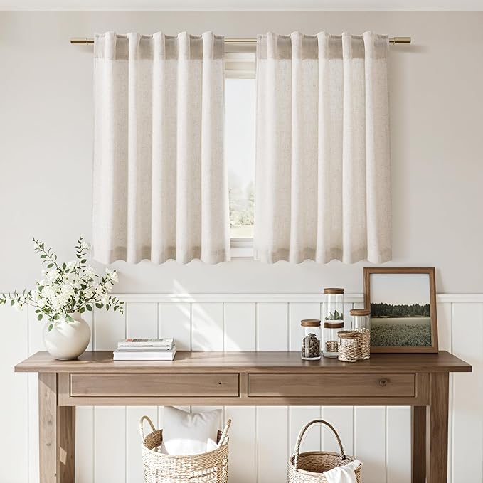 Nanspring Beige Curtains for Kitchen Windows Over Sink 36 inch Length Rustic Farmhouse Linen Blend Semi Sheer Curtains Back Tab and Rod Pocket Small Window Curtain for Cafe 30 x 36 Inch,2 Panels