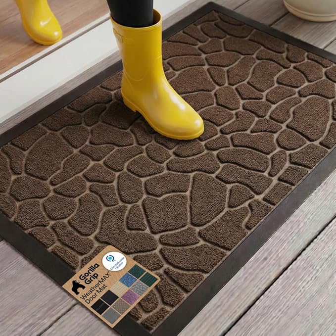 GORILLA GRIP 100% Waterproof All-Season WeatherMAX Doormat 35x23, US Designed Natural Rubber, Stain and Fade Resistant, Low Profile Indoor Outdoor Door Mats, Easy Clean Patio Mat, Dark Brown Pebble