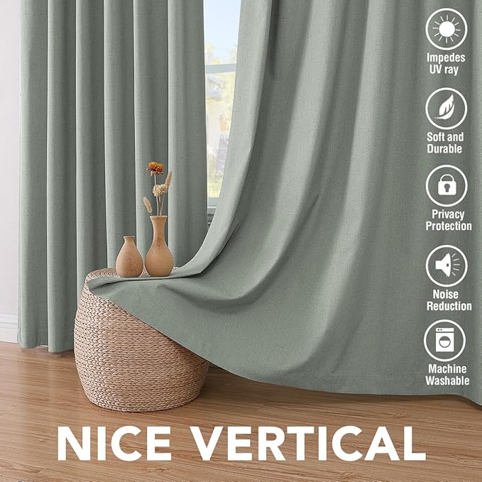 H.VERSAILTEX Linen Blackout Curtains 108 Inches Long 100% Blackout Thermal Insulated Textured Linen Look Curtain Draperies Anti-Rust Grommet, Energy Saving with White Liner, 2 Panels, Green Bay