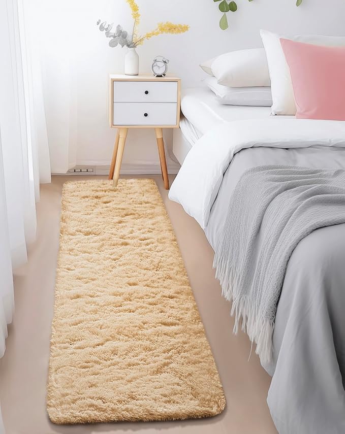 Ophanie Runner Rug for Hallway, 2x6 Upgrade Non-Slip Fluffy Soft Bedside Rugs, Bedroom Living Room Beige Shaggy Carpet for Kids Girls Boys Dorm Nursery Home Decor Aesthetic