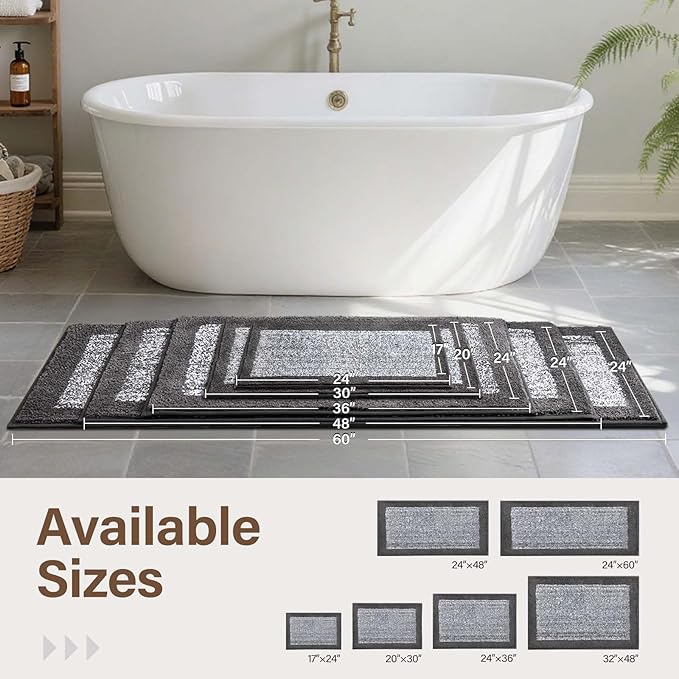 70x24 Long Bathroom Rugs Washable Non Slip, Grey Bath Mat for Bathroom Floor Tub, Soft Absorbent Quick Dry Mats for Shower,Bathtub,Home Decor