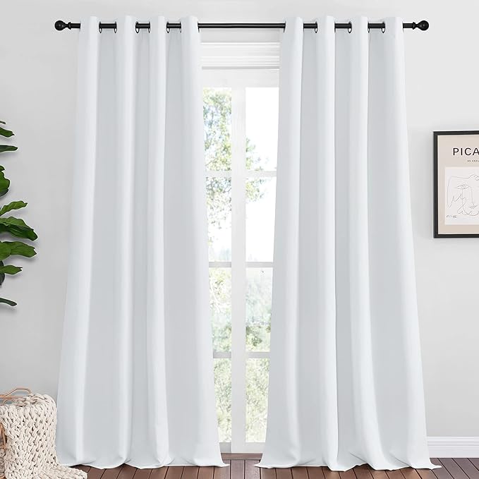 NICETOWN Bedroom Blackout Curtains Panels, 1 Pair, 52 inches by 92 Inch, Greyish White, Triple Weave Energy Saving Thermal Insulated Solid Grommet Blackout Draperies for Patio