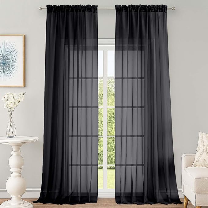 OWENIE Black Sheer Curtains 108 Inches Long for Living Room Bedroom 2 Panels Set, Lightweight Airy Black Sheer Curtain, Filmy Rod Pocket, 2 PCS, Each 59" W x 108" L