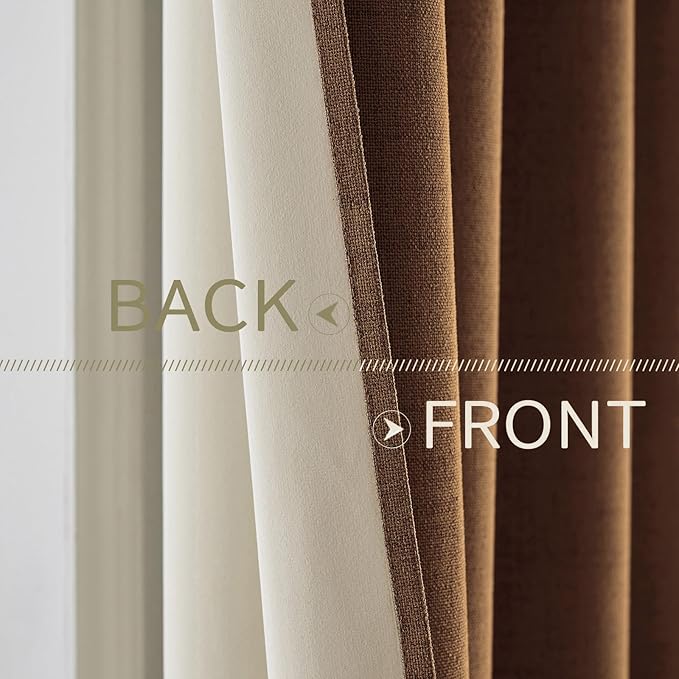 MIULEE 100% Blackout Linen Curtains for Bedroom Thermal Insulated Brown Grommet Room Darkening Curtains & Drapes Fall Decor for Living Room Nursery 52 x 96 Inch (2 Panels)