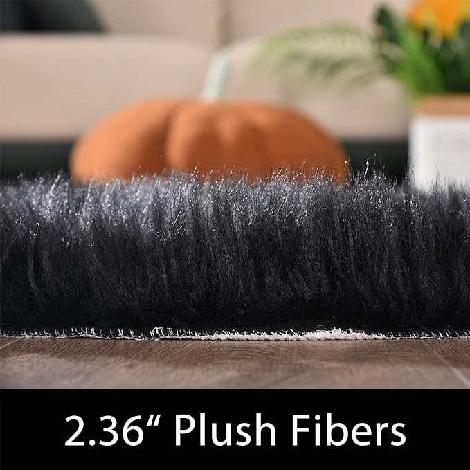 Latepis Area Rug 6x8, Faux Fur Sheepskin Rug for Living Room, Fluffy Washable Rugs for Bedroom, Dorm, Luxury Room Decor, Black Fur Rugs, Rectangle
