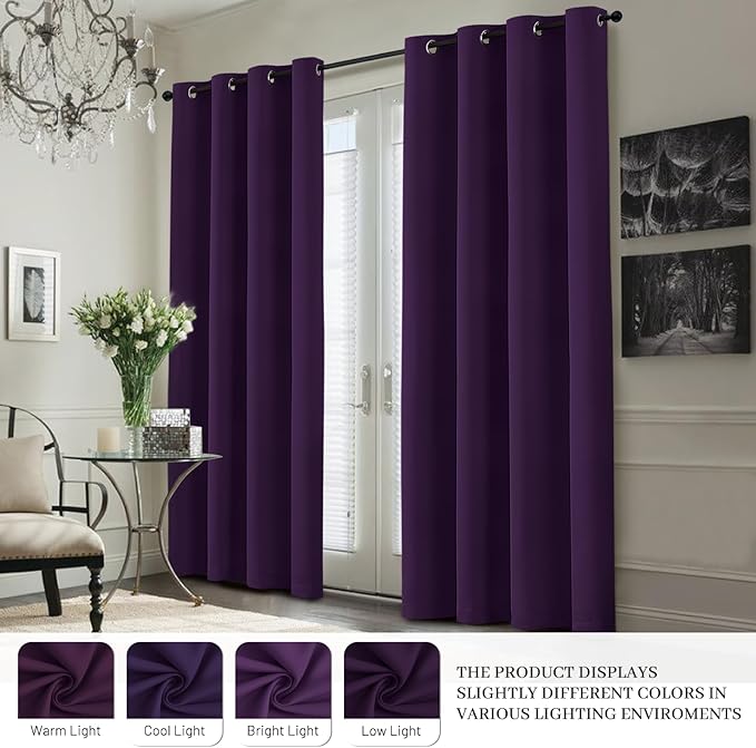 Yakamok 100% Blackout Curtain Panels 84 inches Cold and Light Blocking Drapes for Nursery, 2 Thick Layers Thermal Insulated Draperies (2 Pieces, 50 Wide Each Panel, Purple/White Backing)