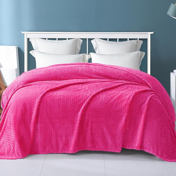 Exclusivo Mezcla Fleece King Size Blanket for Bed, 90x104 Inches Soft Cozy Jacquard Flannel Blankets, Lightweight Fuzzy Plush Warm for Women, Hot Pink