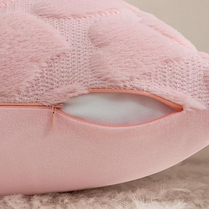 decorUhome Valentine’s Day Soft Plush Throw Pillow Covers 20x20 Inch Set of 2, Faux Fur Pink Heart Decoration Neutral Square Pillow Covers for Couch Sofa Bed Cozy Farmhouse Holiday Decor