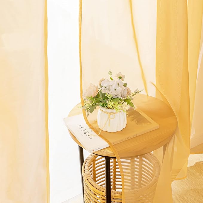 MIULEE 2 Panels Solid Color Sheer Window Curtains Elegant Window Voile Fall Panels/Drapes/Treatment for Bedroom Living Room (54X90 Inches Gold)