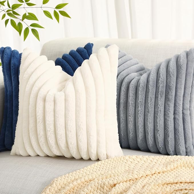 decorUhome Cozy Faux Fur Throw Pillow Covers 12x12 Set of 2 Decorative Soft Plush Striped Modern Farmhouse Boho Couch Pillow Cases with Velvet Back for Sofa Bed Living Room, Navy Blue
