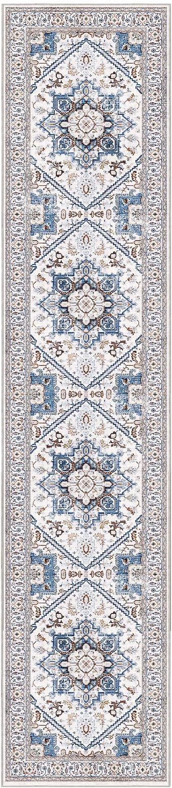 OPPODREAM Soft Entryway Rug 2x10, 2x10 Rug Runner, Neutral Washable Hallways Carpet 2 x 10 with Non Slip Backing, Low-Pile Bedside Carpet 2 x 10, Long, Faux Cashmere, Cream White & Blue & Light Brown
