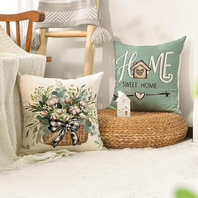 AVOIN colorlife Bless Our Home Farmhouse Eucalyptus Leaves Throw Pillow Covers, 16 x 16 Inch Blue Truck Home Sweet Cushion Case Decorations Set of 4
