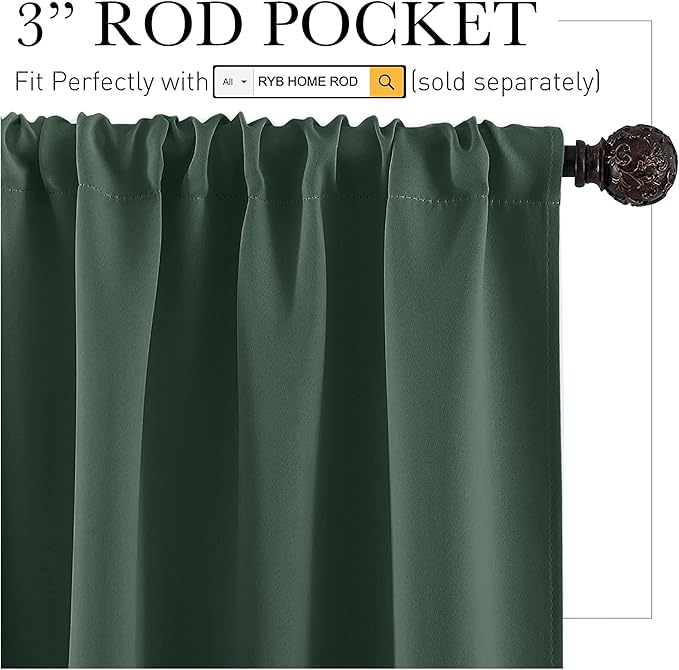 RYB HOME Short Blackout Curtains for Bedroom, Room Darkening Insulated Summer Heat Light UV Blocking Energy Saving Drapes for Nursery, Width 34 by Length 45, Dark Green, Set of 2