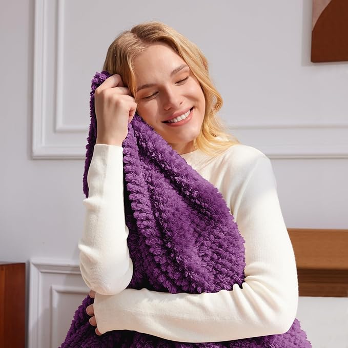 Whale Flotilla Queen Size Fuzzy Fleece Blanket for Bed, 90x90 Inch Fluffy Warm Soft Jacquard Blankets for All Season, Lightweight and Cozy, Purple