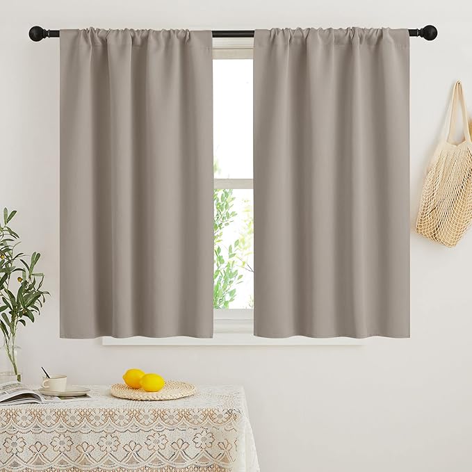 RYB HOME Short Blackout Curtains for Bedroom, Room Darkening Insulated Summer Heat Light UV Blocking Energy Saving Drapes for Nursery, Width 34 by Length 48, Sand, Set of 2