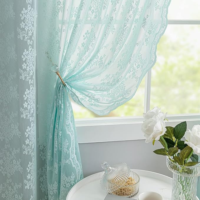 YJ YANJUN Vintage Lace Curtains 96 Inches Long-Victorian Floral Pattern Aqua Sheer Curtain Panels for Living Room Bedroom,Light Filtering, Shabby Chic Memaid Beach Drapes 2 Panels 52W x 96L