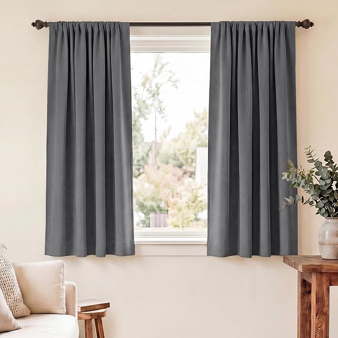 RYB HOME Short Blackout Curtains for Bedroom, Room Darkening Insulated Summer Heat Light UV Blocking Energy Saving Drapes for Nursery, Width 34 by Length 48, Grey, Set of 2