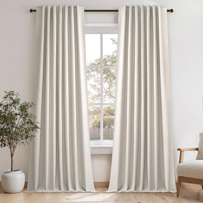 Topfinel 107 Inch Long Farmhouse Linen Blackout Curtains for Bedroom 2 Panel Sets Natural Ivory Birch Linen Texture Thermal Insulated Energy Saving Drapes for Sliding Door (W52 x L107 x2)