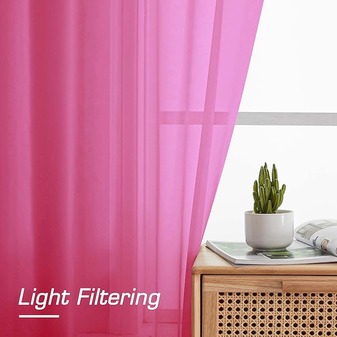 OWENIE Hot Pink Sheer Curtains for Bedroom Living Room 90 Inches Long, Elegant Solid Light Filtering Window Curtain Panles, Modern Rod Pocket Hot Pink Curtain, 2Pcs, Each 42" W x 90" L