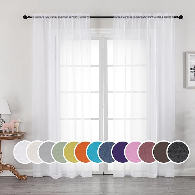 OWENIE Sheer White Curtains, Sheer Curtains 90 inches Long 2 Panels Set, Rod Pocket Voile Fimly Sheer Drapes for Living Room/Bedroom, 2pcs, Each 42" W x 90" L