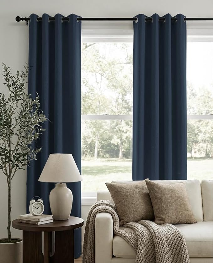 100% Blackout Shield Linen Blackout Curtains for Bedroom, Navy Blue Grommet Curtains for Living Room, Thermal Insulated Room Darkening Drapes for Nursery, Boho Home Decor, 50" W x 90" L, 2 Panels