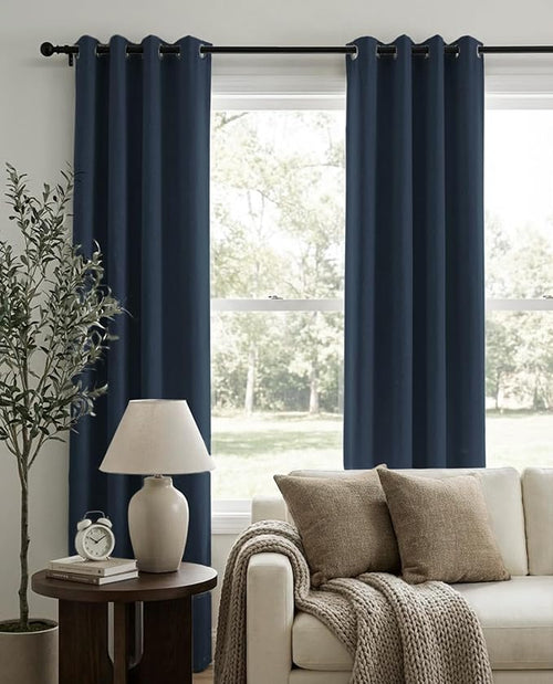 100% Blackout Shield Linen Blackout Curtains for Bedroom, Navy Blue Grommet Curtains for Living Room, Thermal Insulated Room Darkening Drapes for Nursery, Boho Home Decor, 50" W x 90" L, 2 Panels