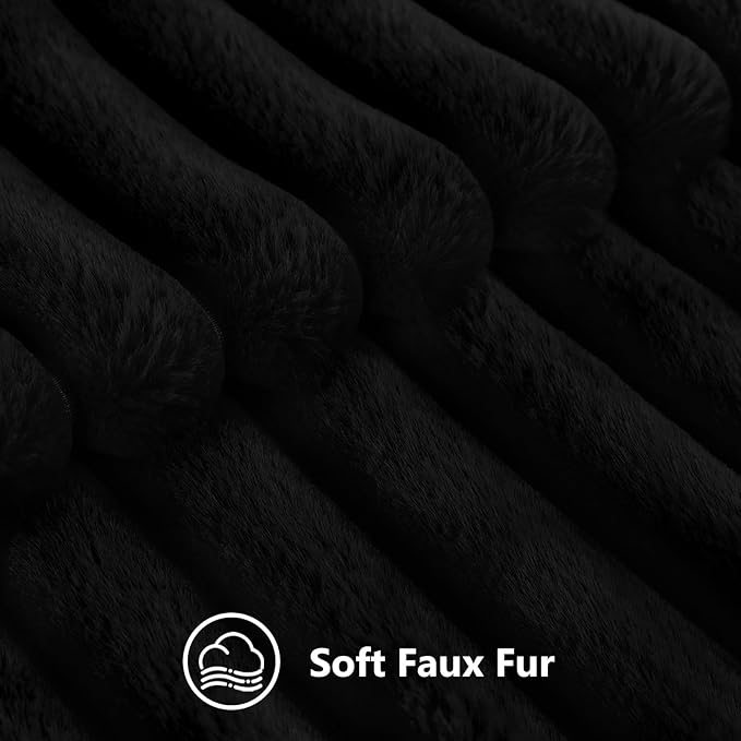 decorUhome Cozy Faux Fur Throw Pillow Covers 12x20 Set of 2 Decorative Soft Plush Striped Lumbar Modern Farmhouse Boho Couch Pillow Cases with Velvet Back for Sofa Bed Living Room, Black