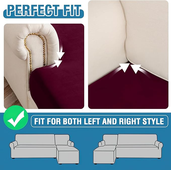 Couch Cover 6-Piece Elastic Velvet Couch Cushion Covers & Chaise Slipcovers for L-Shaped Sofas, Sofa Seat Covers Washable, Soft Cover for Couches (5 Seater + Chaise, Wine)