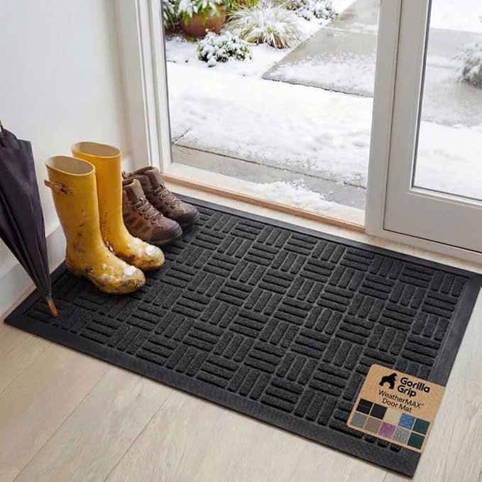 GORILLA GRIP 100% Waterproof All-Season WeatherMAX Doormat, 58x34, US Designed Natural Rubber, Stain and Fade Resistant, Low Profile Indoor Outdoor Door Mats, Easy Clean Patio Mat, Black Maze
