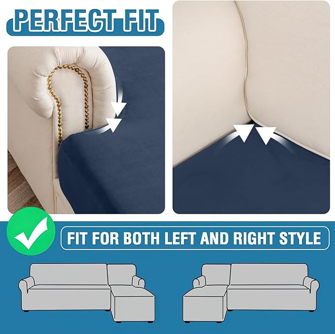 Couch Cover 8-Piece Elastic Velvet Couch Cushion Covers & Chaise Slipcovers for L-Shaped Sofas, Sofa Seat Covers Washable, Soft Cover for Couches (7 Seater + Chaise, Berlin Blue)