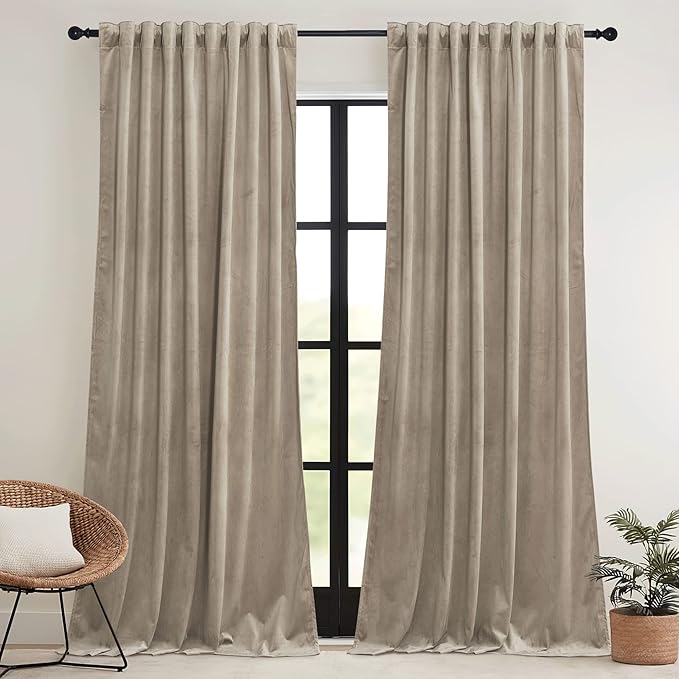 RYB HOME Camel Beige Velvet Curtains 96 inch, Room Darkening Window Curtains with Multiple Hanging Options Heavy Duty Plush Backdrop for Bedroom Guest Room, W52 x L96 inch, 2 Panels