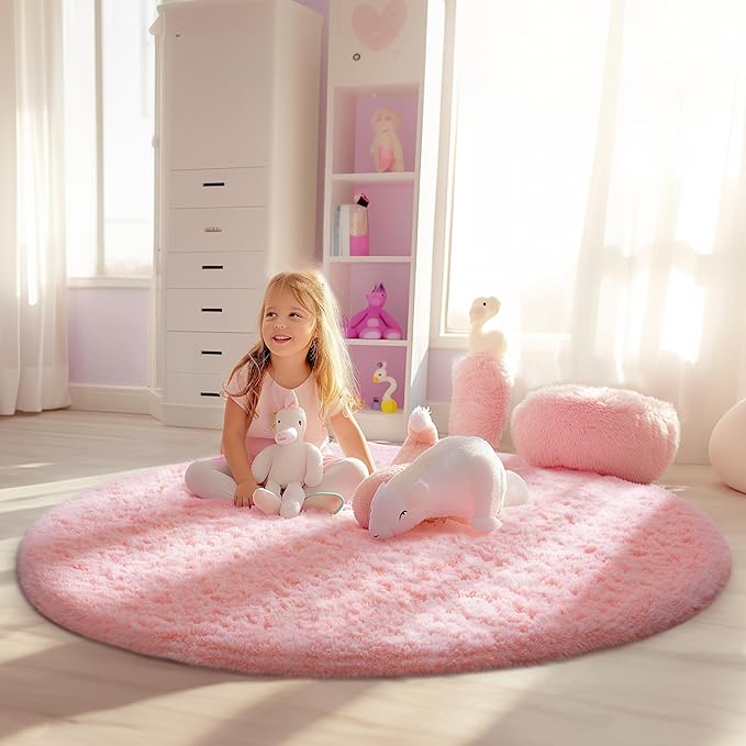 Ophanie Pink Round Rug for Bedroom Girls, Kids Fluffy Kawaii Fuzzy Shag Circle Circular Area Rugs, Cute Plush Christmas Small Carpet 4Ft 4 Foot, for Teen Baby Nursery Home Living Room Decor Aesthetic