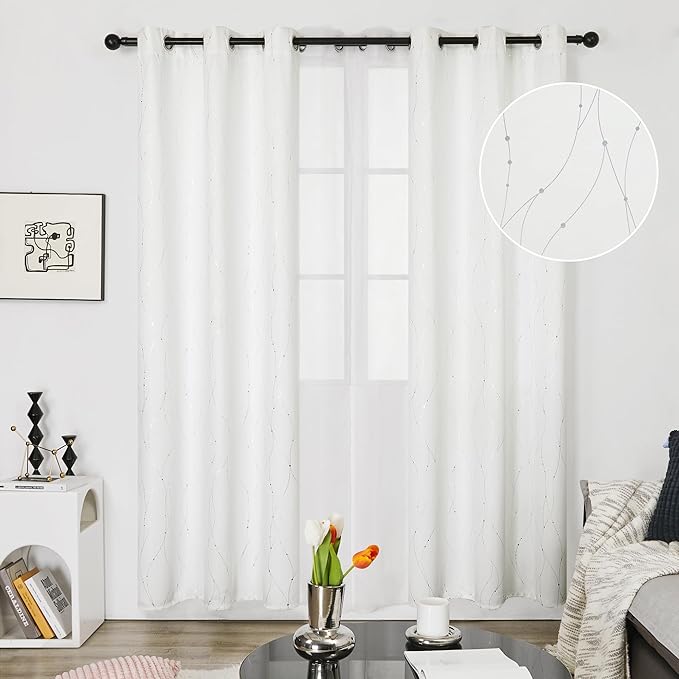 Deconovo Room Darkening Curtains, 38 x 90 Inch Drape for Sliding Door with Wave Dots Silver Print, Soundproof Thermal Insulated Curtain for Bedroom Living Room, Set of 2, Machine Washable, Pure White