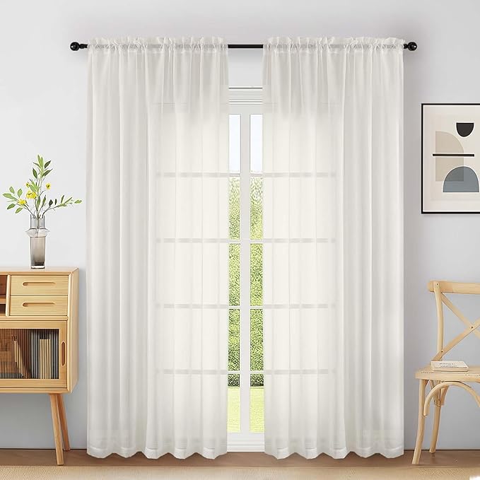 Extra Wide Sheer Ivory Curtains 84 Inches Long 2 Panels, Soft Airy Transparent Light Filtering Elegant Patio Curtains for Sliding Glass Door, Top Dual Rod Pocket Design, 2x59Wx84L Inches