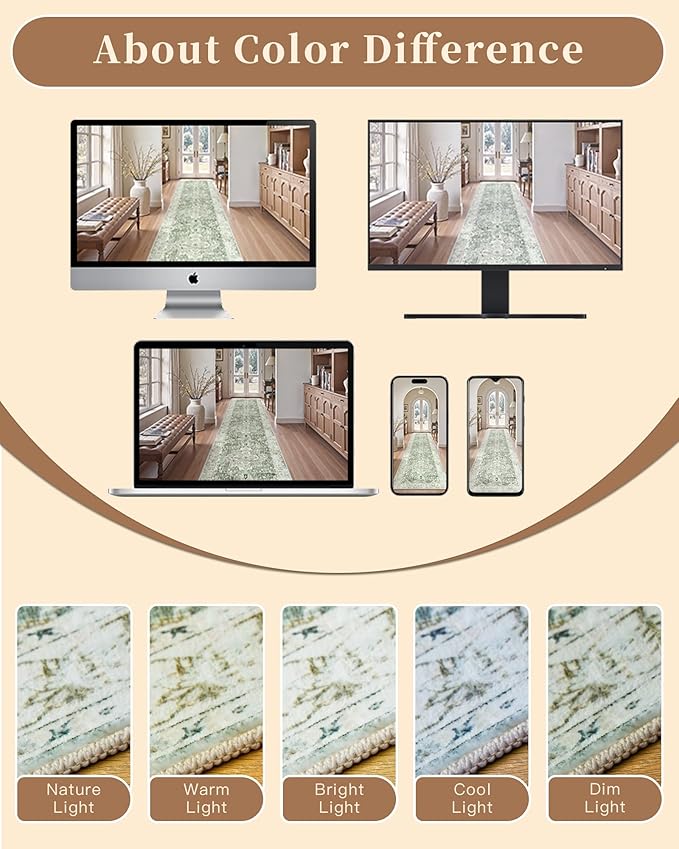 Madane Runner Rugs for Hallway 2x10 Long Washable Non-Slip Hallway Runner Rug Low-Pile Stair Kitchen Runner Soft Throw Carpet for Entrance Living Dining Laundry Room (Green/Ivory, 2 x 10)