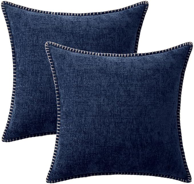 MIULEE Pack of 2 Couch Throw Pillow Covers 20x20 Inch Navy Farmhouse Decorative Pillow Covers with Stitched Edge Soft Chenille Solid Dyed Spring Pillow Covers for Sofa Bed Living Room