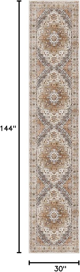 Madane Hallway Runner Rug 2'6''x12', Non Slip Vintage 12ft Runners for Hallways Washable Kitchen Rugs Soft Low Pile 2.5x12 ft Rug Runner for Laundry Room, Entryway and Bedroom, Turmeric/Grey