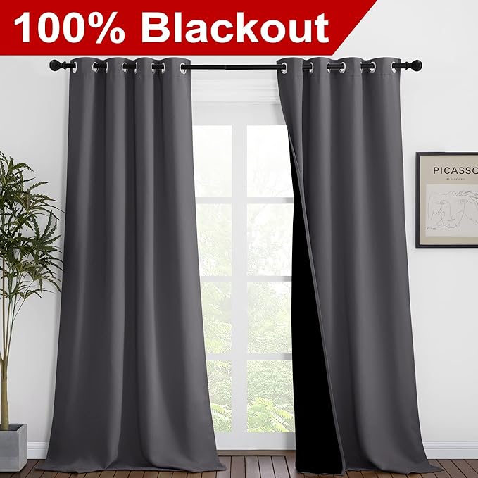 NICETOWN Grey Full Shade Curtain Panels, Pair of Thermal Insulated & Energy Efficiency Blackout Curtains for Living Room Windows, Lined Silky Performance Window Dressing (46" Wide x 90" Long, Gray)