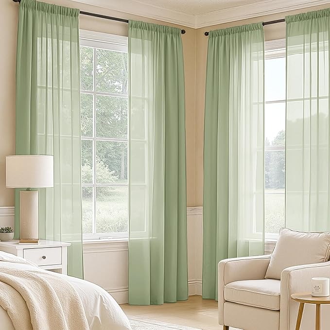 MIULEE Sage Green Sheer Curtains 96 Inches Long, 4 Panels Set, Light Filtering Rod Pocket Voile Drapes Window Treatments, Semi Transparent Airy Fabric for Bedroom and Living Room, 54 x 96 Inches