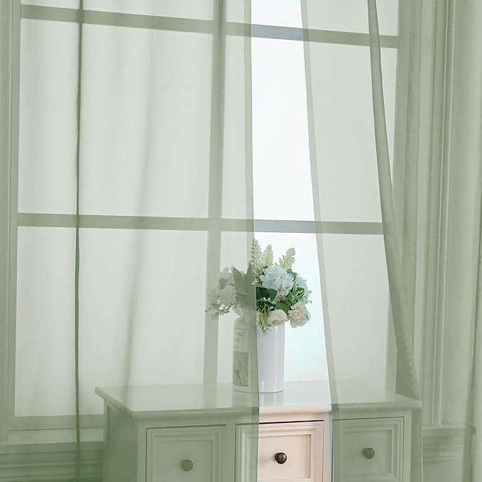 OVZME Light Green Sheer Curtains 63 inch Length 2 Panels Set for Bedroom Living Room, Elegant Light Filtering Sheer Drapes Window Treatments, Each is 42W x 63L Inches, Sage Green