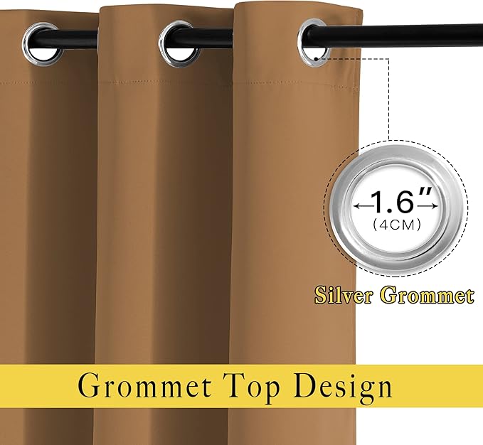NICETOWN Living Room Curtains 95 inch Long - Sound Reducing Grommet Thermal Insulated Blackout Solid Drapes for Villa/Hall, Gold Brown, 2 Panels, W52 x L95